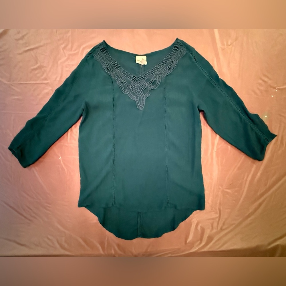 Knox Rose Green Embroidered 3/4 Sleeve Blouse Size Large - Picture 3 of 9